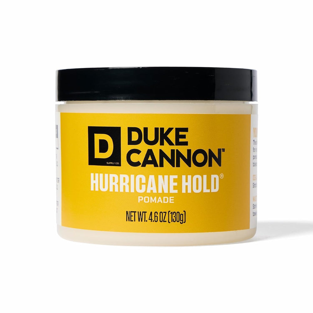 Duke Cannon Hurricane Hold Pomade bottle front with strong hold.