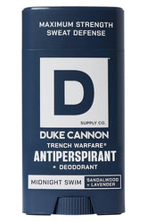 Duke Cannon Midnight Swim bottle front view for all-day protection
