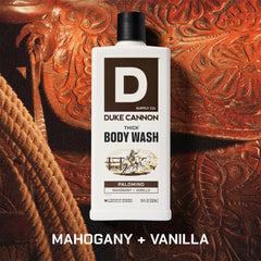 Duke Cannon Palomino bottle pour captured, showing rich lather and efficient use.