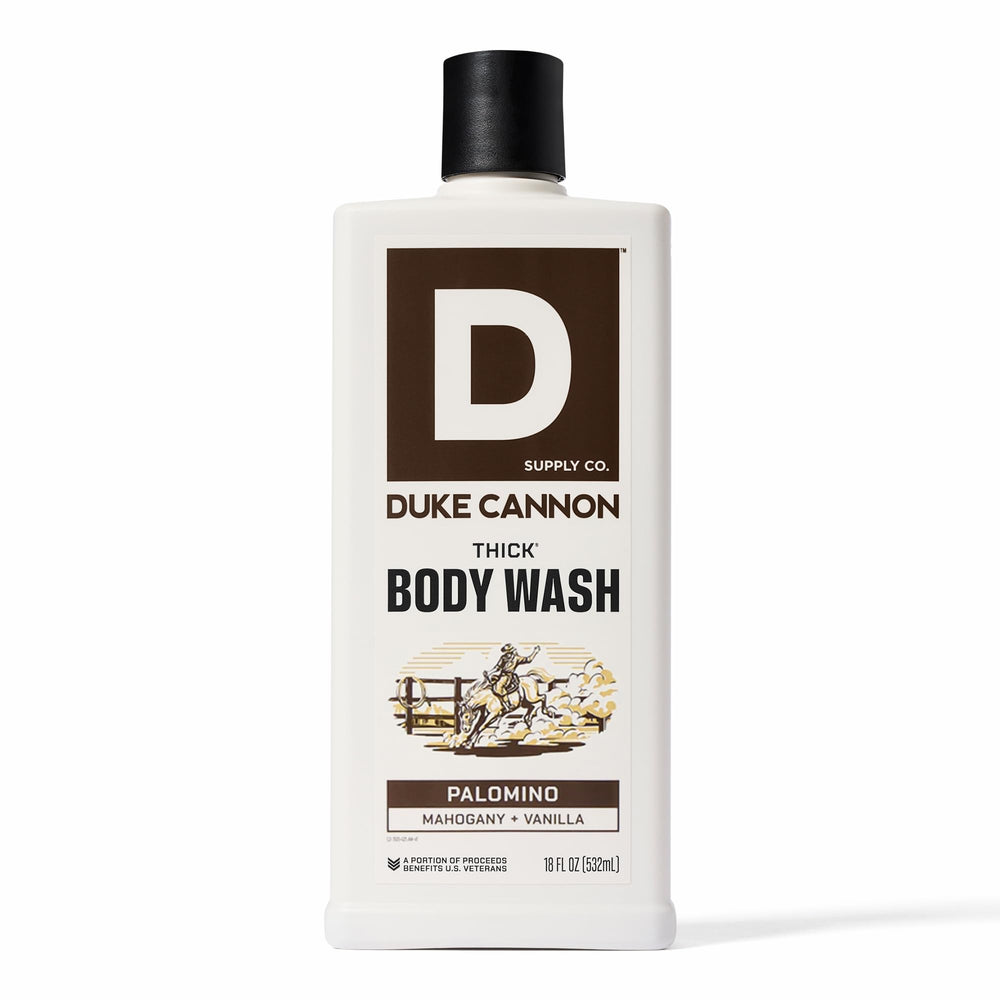 Duke Cannon Palomino thick body wash bottle front, delivering long-lasting clean and bold masculine aroma.