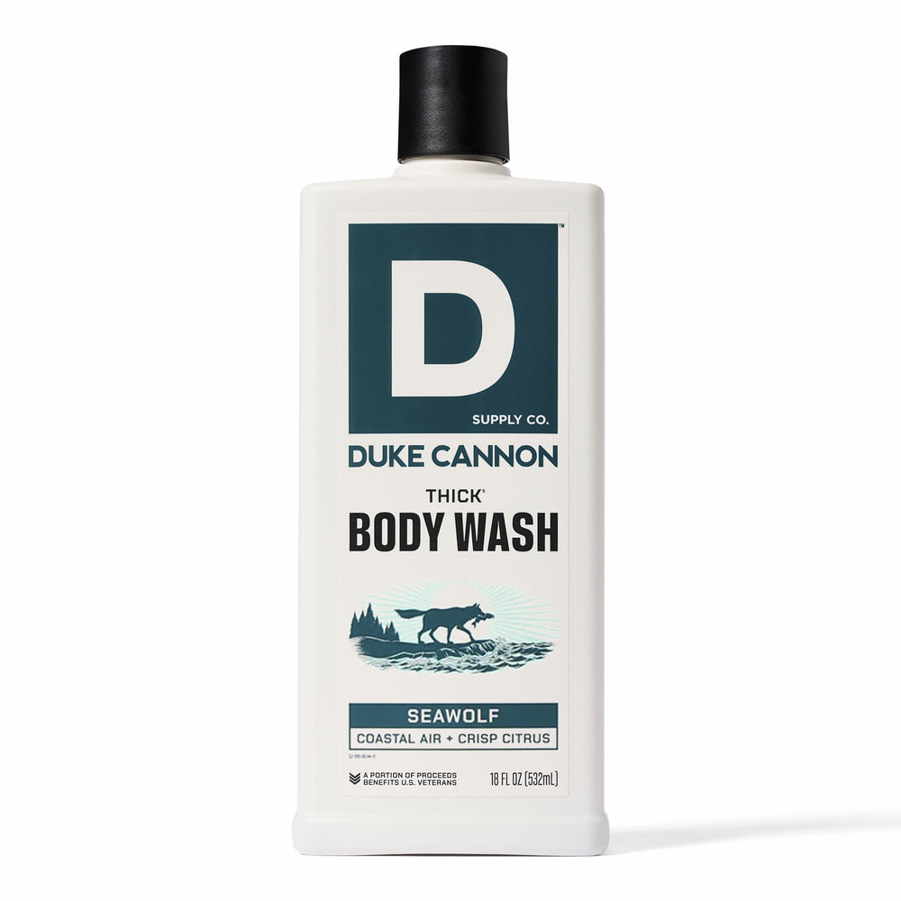 Duke Cannon Seawolf thick body wash bottle front shows bold scent and long-lasting lather.