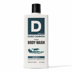 Duke Cannon Seawolf thick body wash bottle front shows bold scent and long-lasting lather.