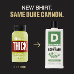 Duke Cannon Thick Body Wash pour, highlighting the rugged High Country fragrance in the shower.