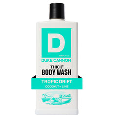 Duke Cannon Thick Tropic Drift bottle showcases bold scent and high-viscosity formula.