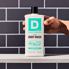 Duke Cannon Thick Tropic Drift foam in shower suggests daily refreshment and clean-rinse.