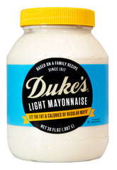 Duke's Light Mayonnaise jar shows creamy texture and tang.