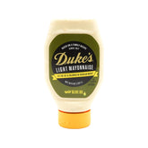 Duke’s Light Mayonnaise with Olive Oil Blend bottle pour for creamy dressings and sandwiches.