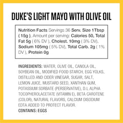 Duke’s Light Mayonnaise olive oil blend squeeze bottle for quick spreads and salads.