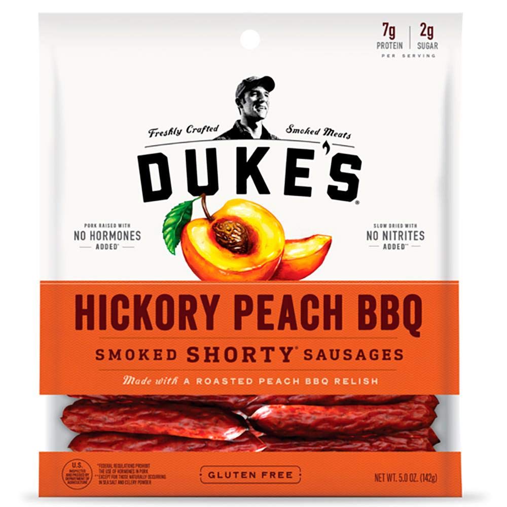 Duke's Pork Hickory Peach BBQ Smoked Shorty Sausages bag; convenient gluten-free snack for adventures