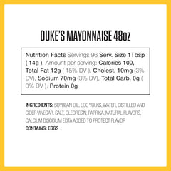 DUKE'S mayo label detail highlighting tangy vinegar and smooth texture