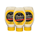 Duke’s Real Mayonnaise squeeze bottle label close-up, ideal for easy sandwich spreads.