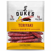 Duke's Teriyaki smoked Shorty Sausages packaging shows gluten-free, protein-packed snack.
