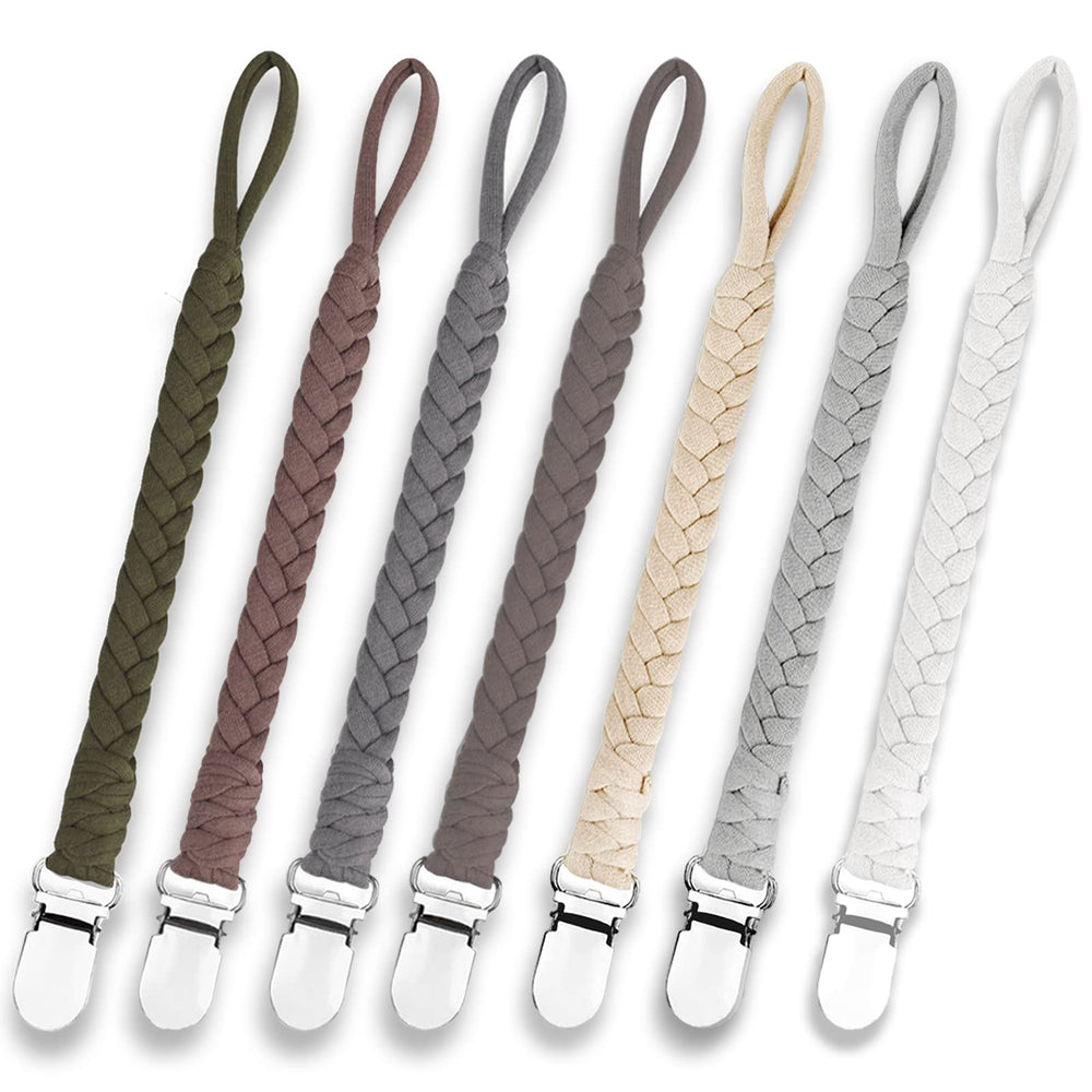 Duludulu 7-pcs braided pacifier clip set keeps pacifiers organized and accessible.
