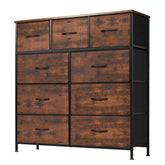 DUMOS dresser with nine fabric drawers and wood top for easy organization.