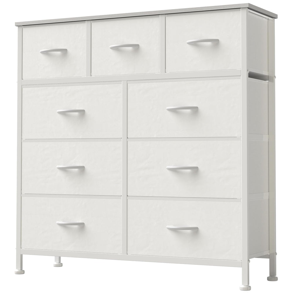 DUMOS dresser with nine drawers and wood top for organized bedroom storage.