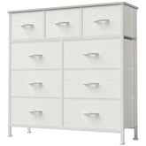 DUMOS dresser with nine drawers and wood top for organized bedroom storage.