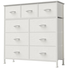 DUMOS dresser with nine drawers and wood top for organized bedroom storage.