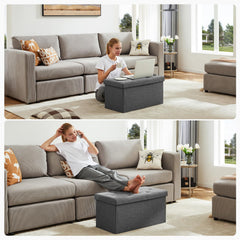 DUMOS end-of-bed stool in a gray bedroom setup for versatile seating