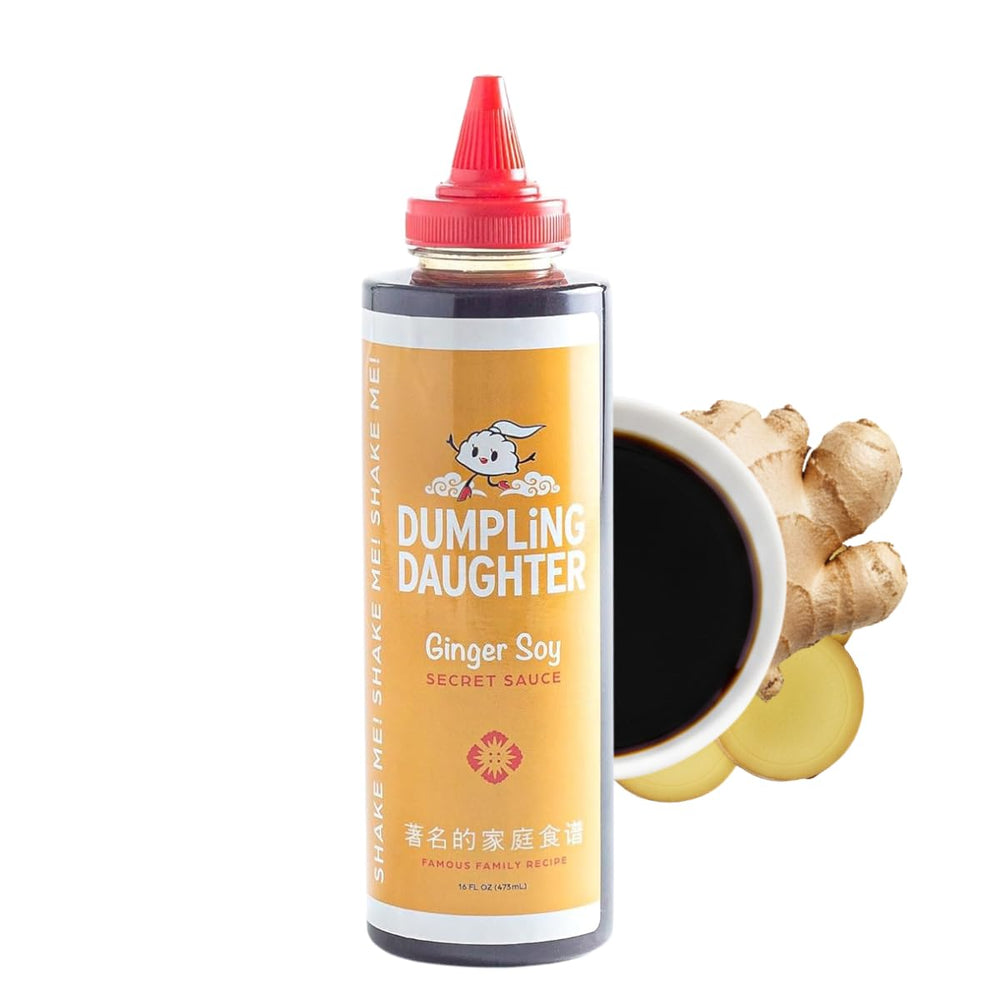 Dumpling Daughter Ginger Soy Sauce bottle highlights real ginger for bright, versatile flavor.