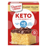 Duncan Hines Keto Yellow Cake Mix box highlighting gluten-free, low-carb option.
