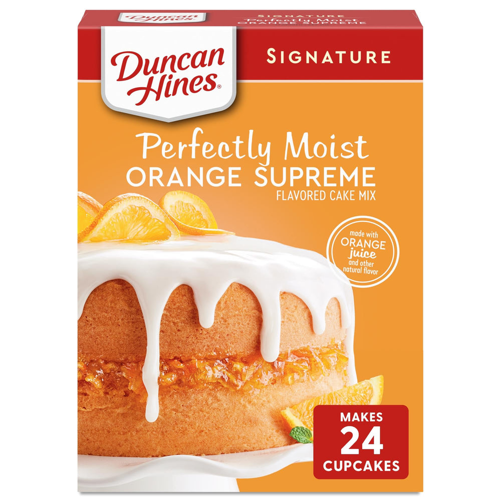 Duncan Hines Orange Supreme Cake Mix box ready for baking, rich citrus flavor.