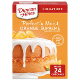 Duncan Hines Orange Supreme Cake Mix box ready for baking, rich citrus flavor.