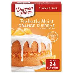 Duncan Hines Orange Supreme Cake Mix box ready for baking, rich citrus flavor.