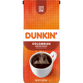 Dunkin 100% Colombian ground coffee pack with bright aroma for mornings.