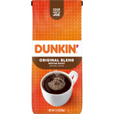 Dunkin' Original Blend ground coffee bag with fresh aroma for easy brewing.
