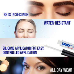 Close-up of DUO waterproof eyelash adhesive showing smudge-free wear.