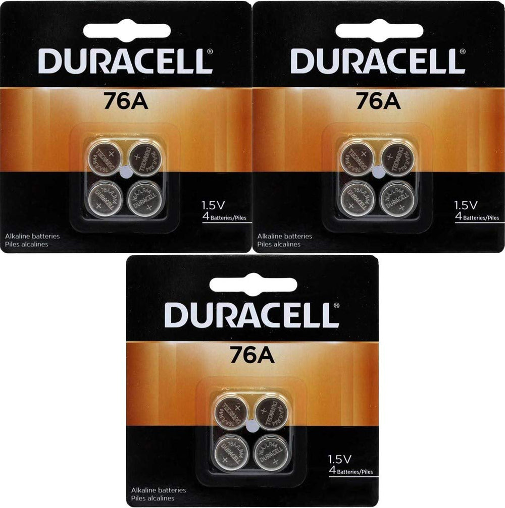 Duracell 76A LR44 Duralock 12-pack battery powering watches and small gadgets.