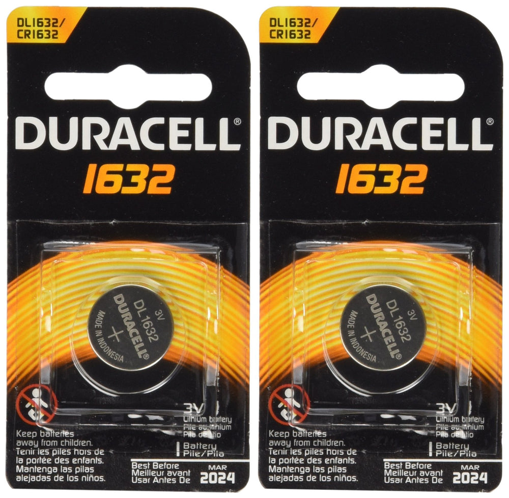 Duracell DL1632 battery front view, ideal for car remotes and key fobs.