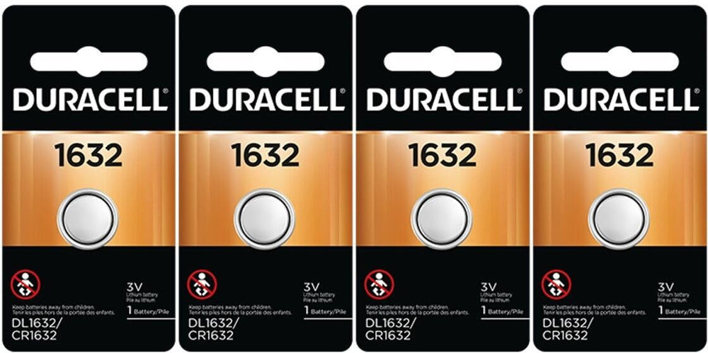Duracell DL1632 pack front view showing long shelf life and broad device compatibility.