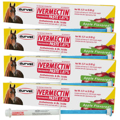 Durvet Ivermectin 4-Pack paste-gel bottle for horses; easy administration and broad parasite protection.