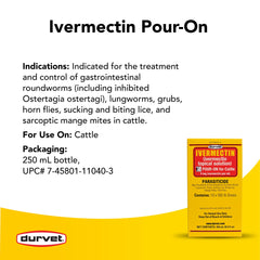Durvet Pour-On applicator tip with bottle for easy on-farm dosing.