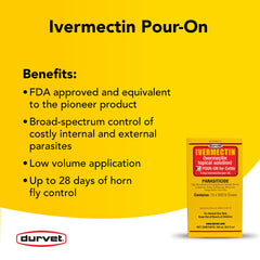 Close-up of Durvet label showing 5 mg/mL ivermectin for cattle.