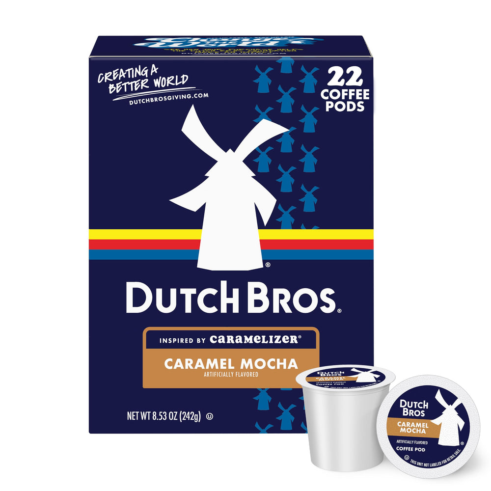 Dutch Bros Caramel Mocha coffee pod front view showcases premium flavor and convenience.