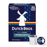 Dutch Bros Coconut Mocha flavored coffee pod box for convenient single-serve brewing.
