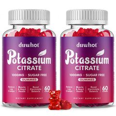 duwhot Potassium Citrate Gummies bottle showing 120 vegan chewables for daily potassium support.