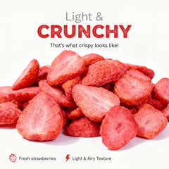 Close-up of DYBOEDYO freeze-dried strawberries slices highlighting bright aroma and light crunch.