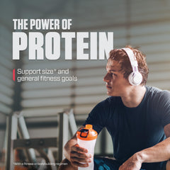 Shaker bottle with Dymatize Elite 100% Whey Chocolate shake.