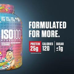 Dymatize ISO100 Birthday Cake Pebbles powder highlights premium whey isolate for quick digestion.