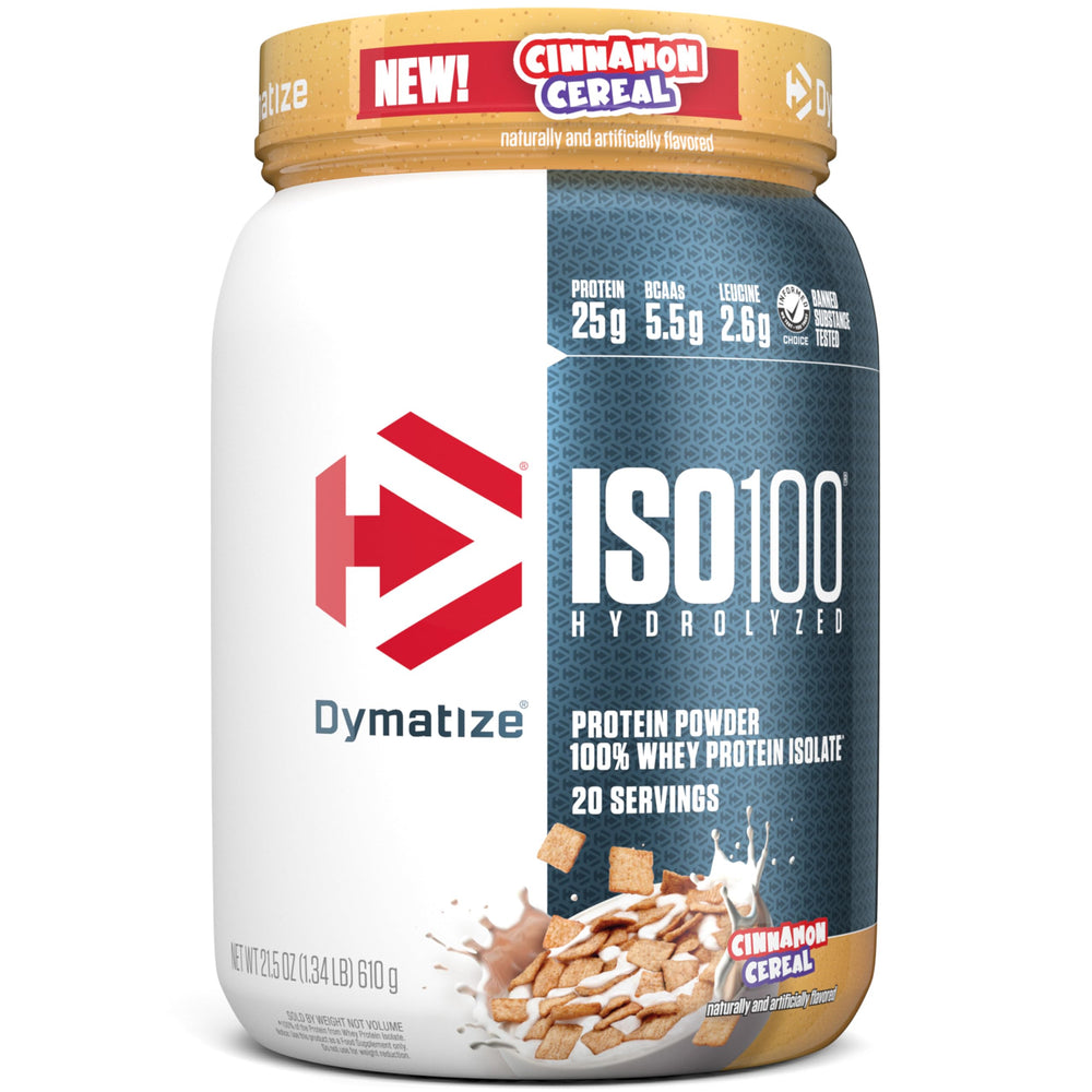 Dymatize ISO100 Cinnamon Cereal bottle for quick post workout protein delivery