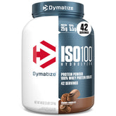Dymatize ISO100 Gourmet Chocolate tub front for fast-absorbing protein and muscle-supporting fuel.