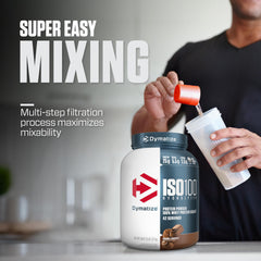 Dymatize ISO100 protein shake being poured for smooth mixability and great taste.
