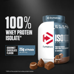 Dymatize ISO100 scoop in glass showing convenient serving for quick mix.
