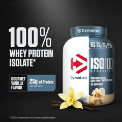 Dymatize ISO100 vanilla shake being poured after a workout.