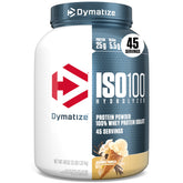 Dymatize ISO100 vanilla tub promoting fast digestion and convenient fueling.