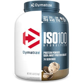 Dymatize ISO100 cookies and cream tub with high-protein label
