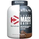 Dymatize Super Mass Gainer chocolate tub, creamy shake for fueling workouts.